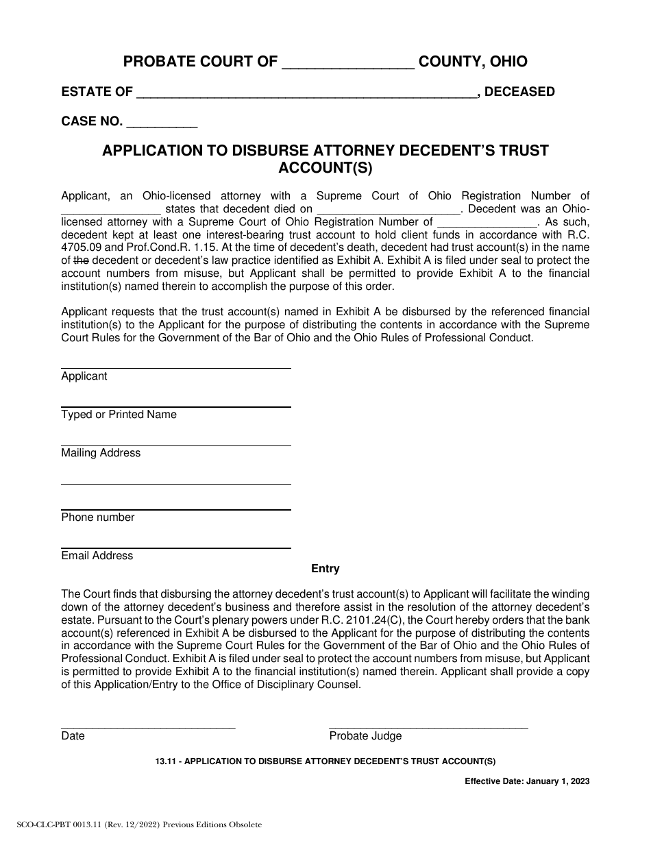 Form 13.11 (SCO-CLC-PBT0013.11) Application to Disburse Attorney Decedents Trust Account(S) - Ohio, Page 1