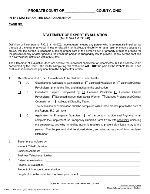 Form 17.1 (SCO-CLC-PBT0017.1) Statement of Expert Evaluation - Ohio