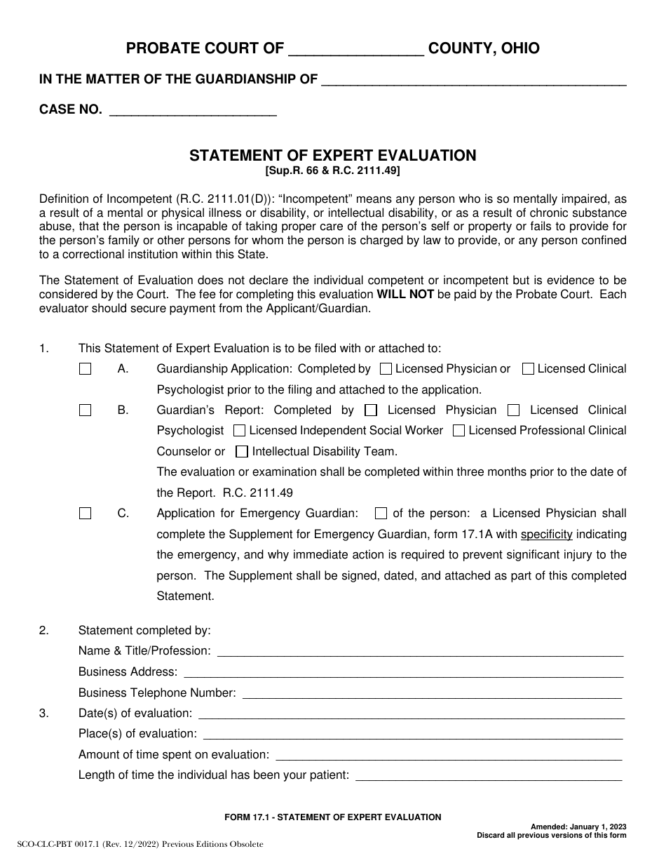 Form 17.1 (SCO-CLC-PBT0017.1) Statement of Expert Evaluation - Ohio, Page 1