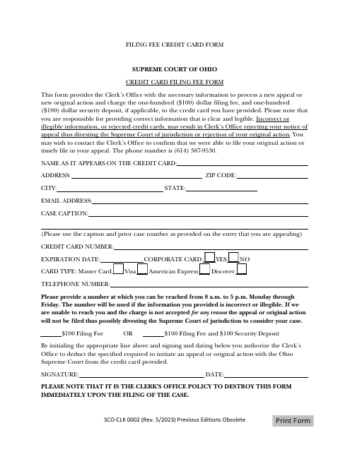 Form SCO-CLK0002 Credit Card Filing Fee Form - Ohio