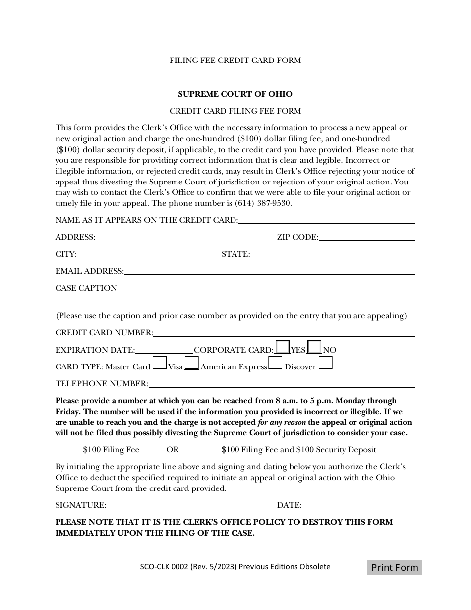 Form SCO-CLK0002 Credit Card Filing Fee Form - Ohio, Page 1