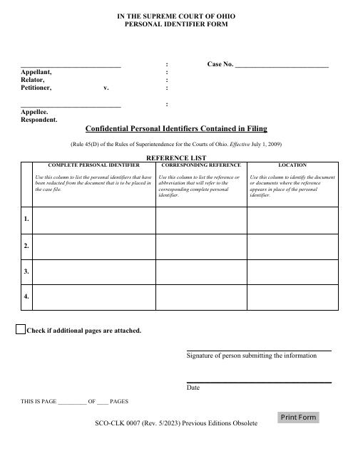 Form SCO-CLK0007 Personal Identifier Form - Ohio
