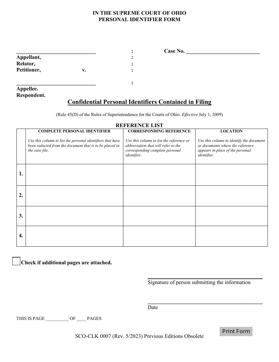 Form SCO-CLK0007 Personal Identifier Form - Ohio, Page 1