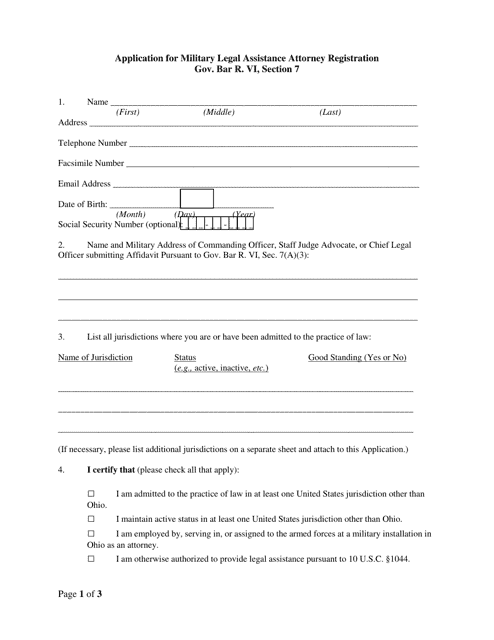 Application for Military Legal Assistance Attorney Registration - Ohio Download Pdf