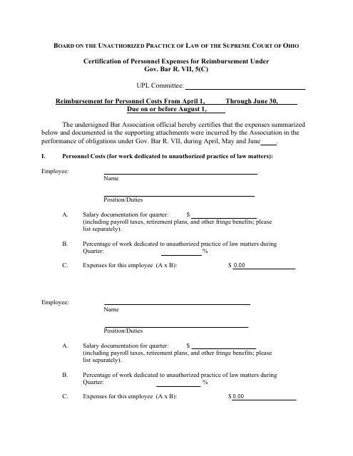 Certification of Personnel Expenses for Reimbursement Under Gov. Bar R. VII, 5(C) - Second Quarter - Ohio Download Pdf