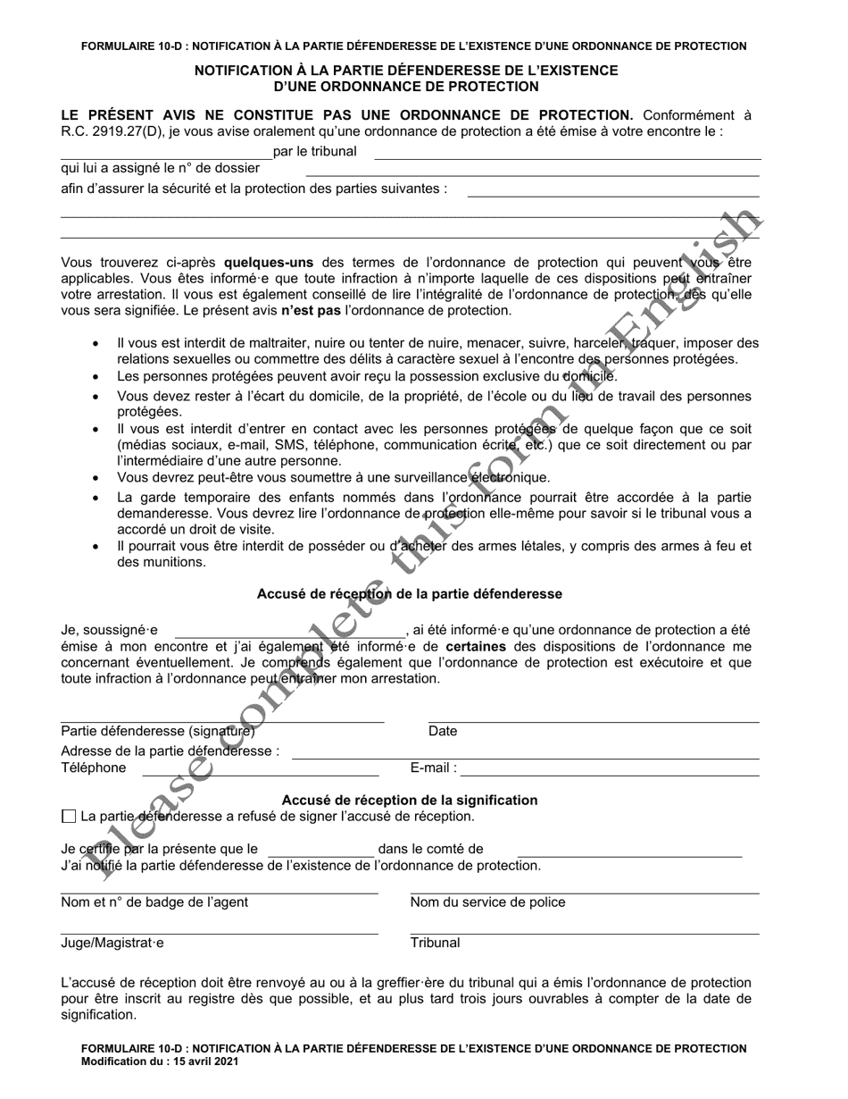 Form 10-D Notice to Respondent or Defendant About Existence of Protection Order - Ohio (French), Page 1