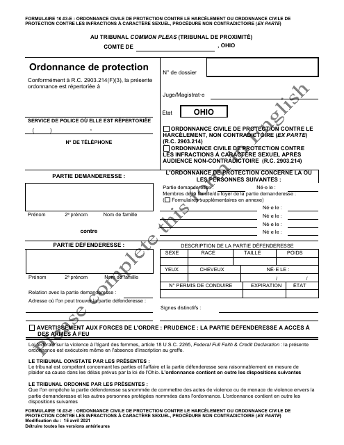Form 10.03-E Civil Stalking Protection Order or Civil Sexually Oriented Offense Protection Order Ex Parte - Ohio (French)