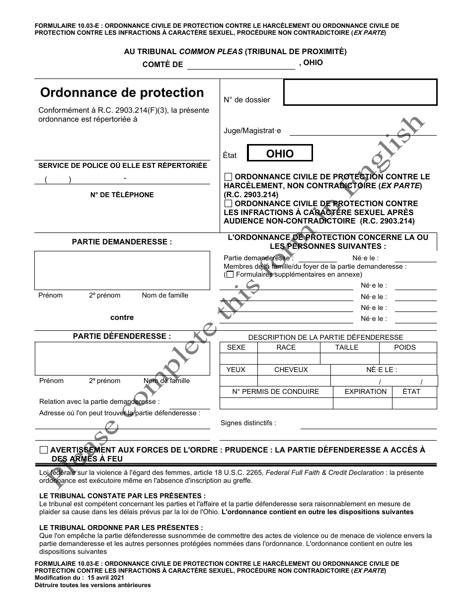 Form 10.03-E Civil Stalking Protection Order or Civil Sexually Oriented Offense Protection Order Ex Parte - Ohio (French), Page 1