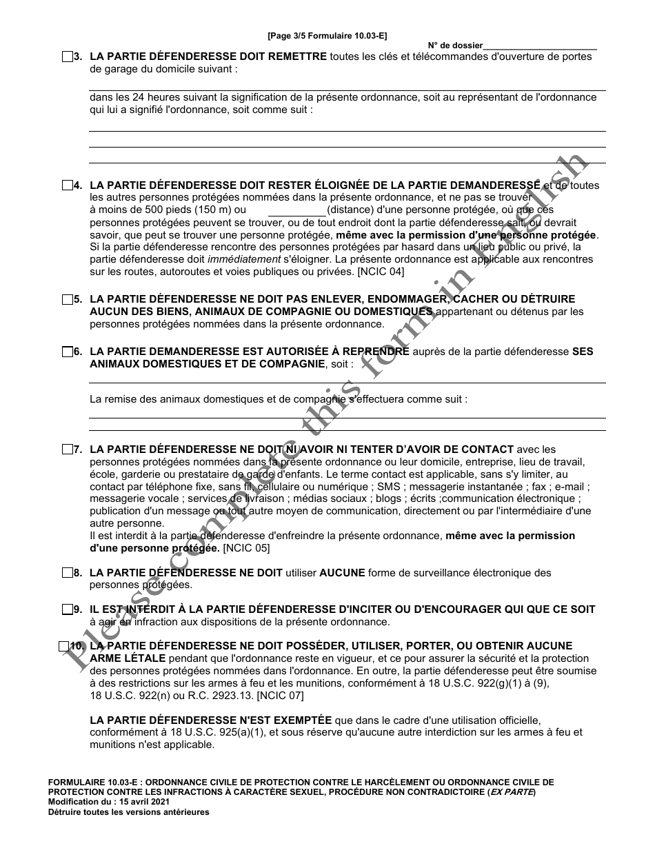 Form 10.03-E Civil Stalking Protection Order or Civil Sexually Oriented Offense Protection Order Ex Parte - Ohio (French), Page 3
