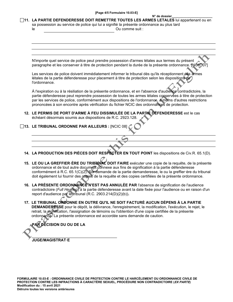 Form 10.03-E Civil Stalking Protection Order or Civil Sexually Oriented Offense Protection Order Ex Parte - Ohio (French), Page 4