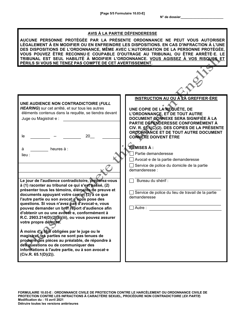Form 10.03-E Civil Stalking Protection Order or Civil Sexually Oriented Offense Protection Order Ex Parte - Ohio (French), Page 5