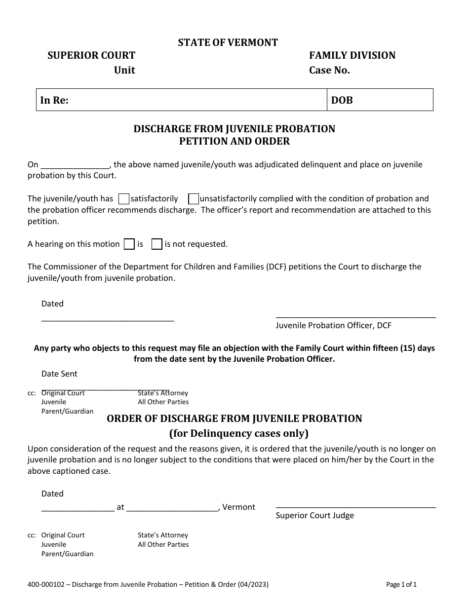 Form 400-000102 Discharge From Juvenile Probation - Petition and Order - Vermont, Page 1