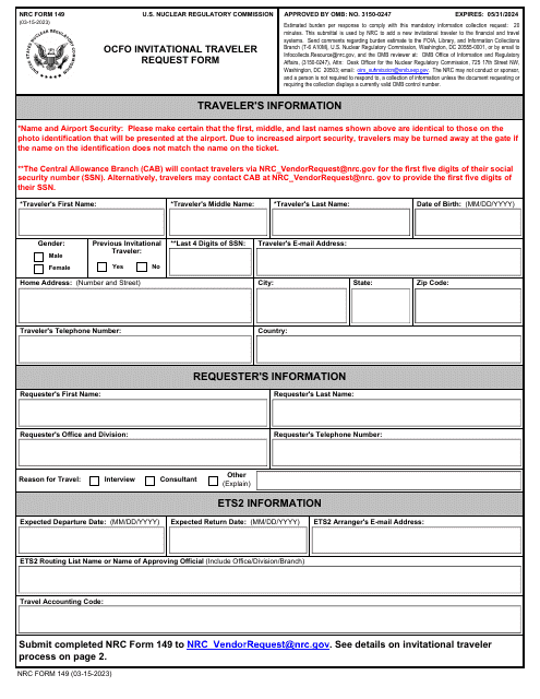 NRC Form 149 Ocfo Invitational Traveler Request Form