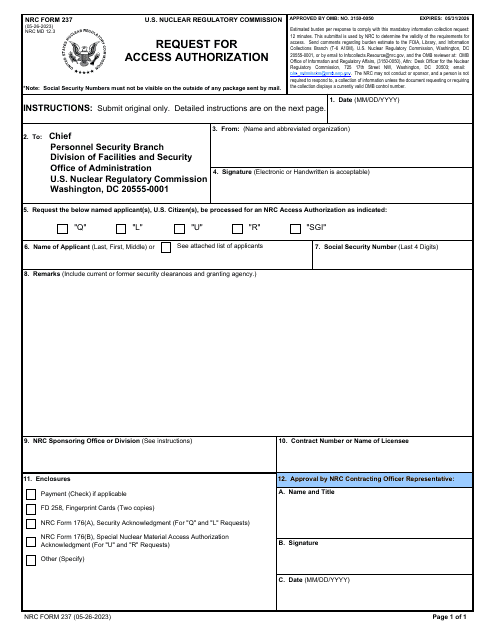 NRC Form 237 Request for Access Authorization