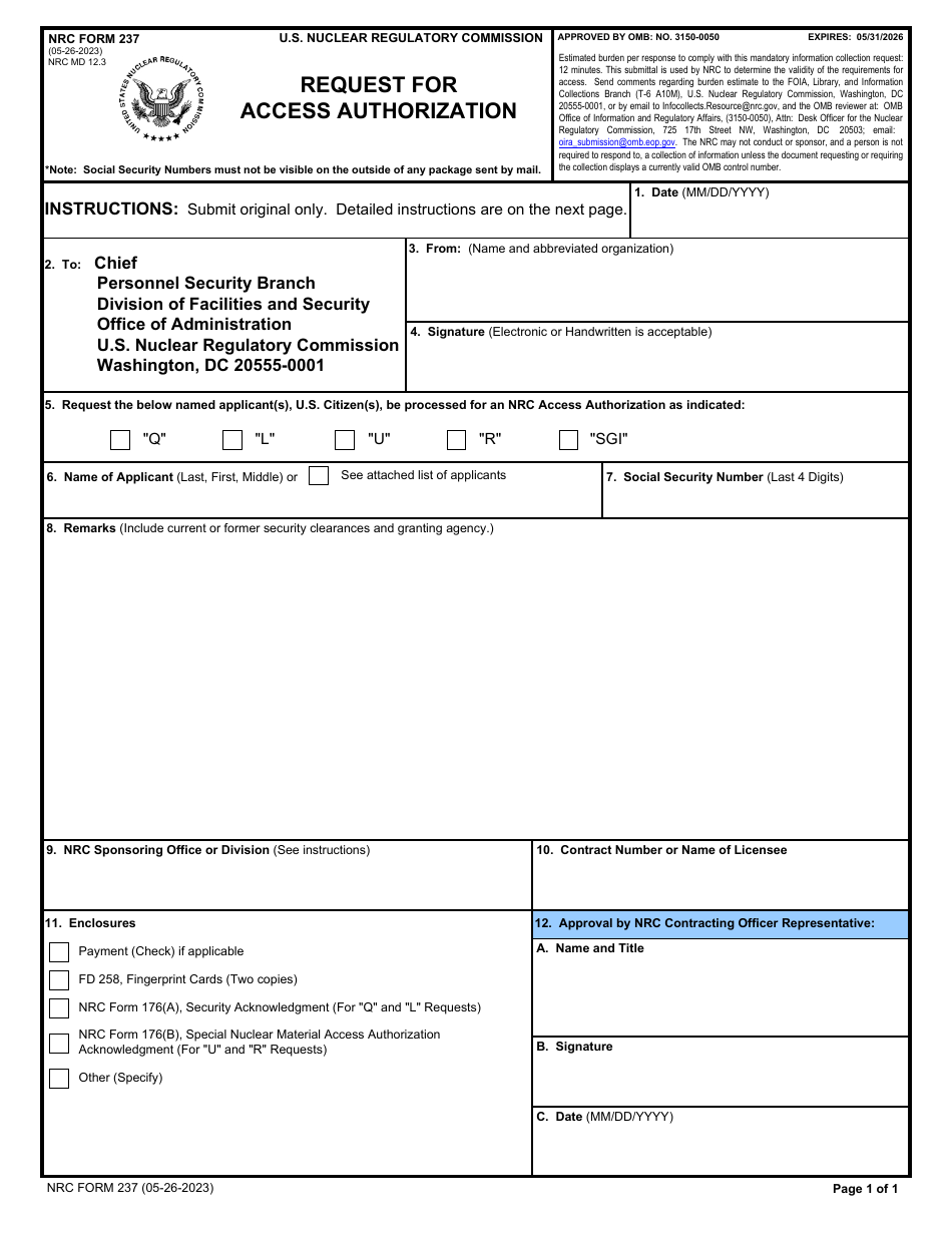NRC Form 237 Download Fillable PDF or Fill Online Request for Access