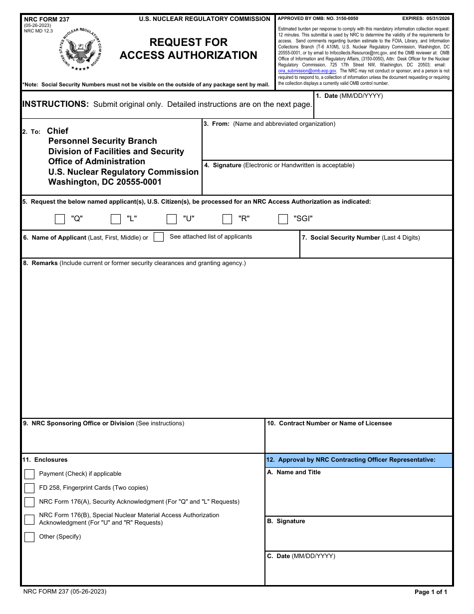 NRC Form 237 Request for Access Authorization, Page 1
