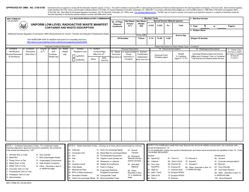 NRC Form 541 Uniform Low-Level Radioactive Waste Manifest - Container and Waste Description