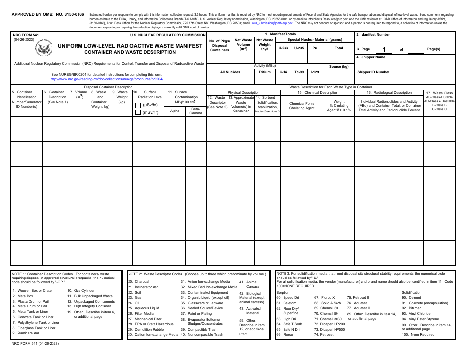 NRC Form 541 Uniform Low-Level Radioactive Waste Manifest - Container and Waste Description, Page 1
