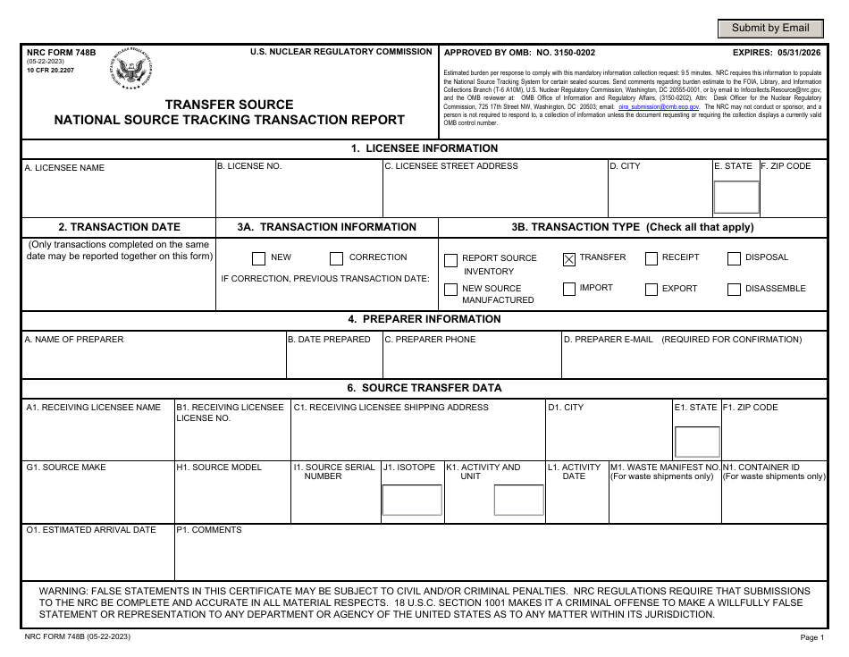 NRC Form 748B National Source Tracking Transaction Report - Transfer Source, Page 1