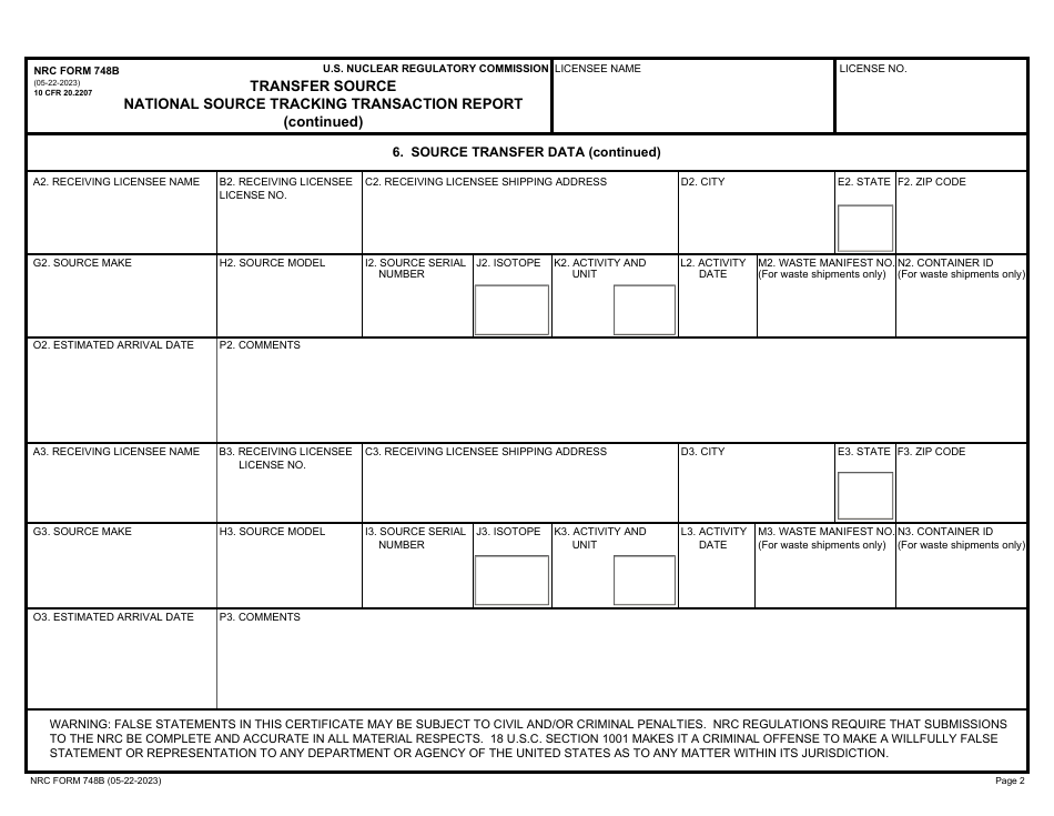 NRC Form 748B National Source Tracking Transaction Report - Transfer Source, Page 2