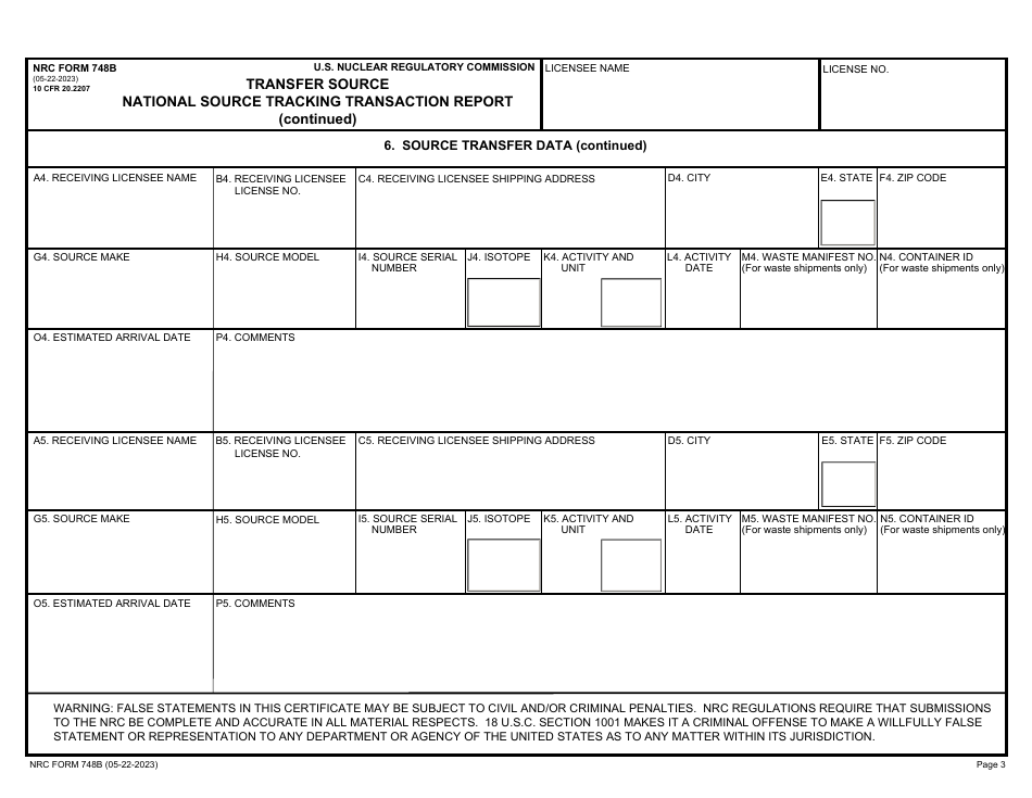 NRC Form 748B National Source Tracking Transaction Report - Transfer Source, Page 3