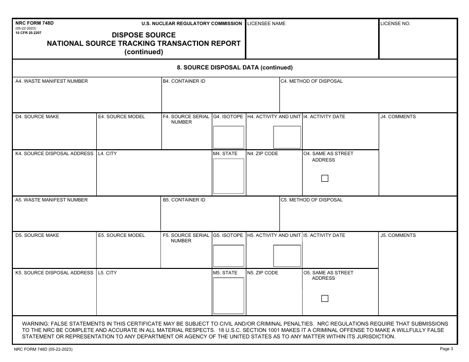 NRC Form 748D National Source Tracking Transaction Report - Dispose Source, Page 3