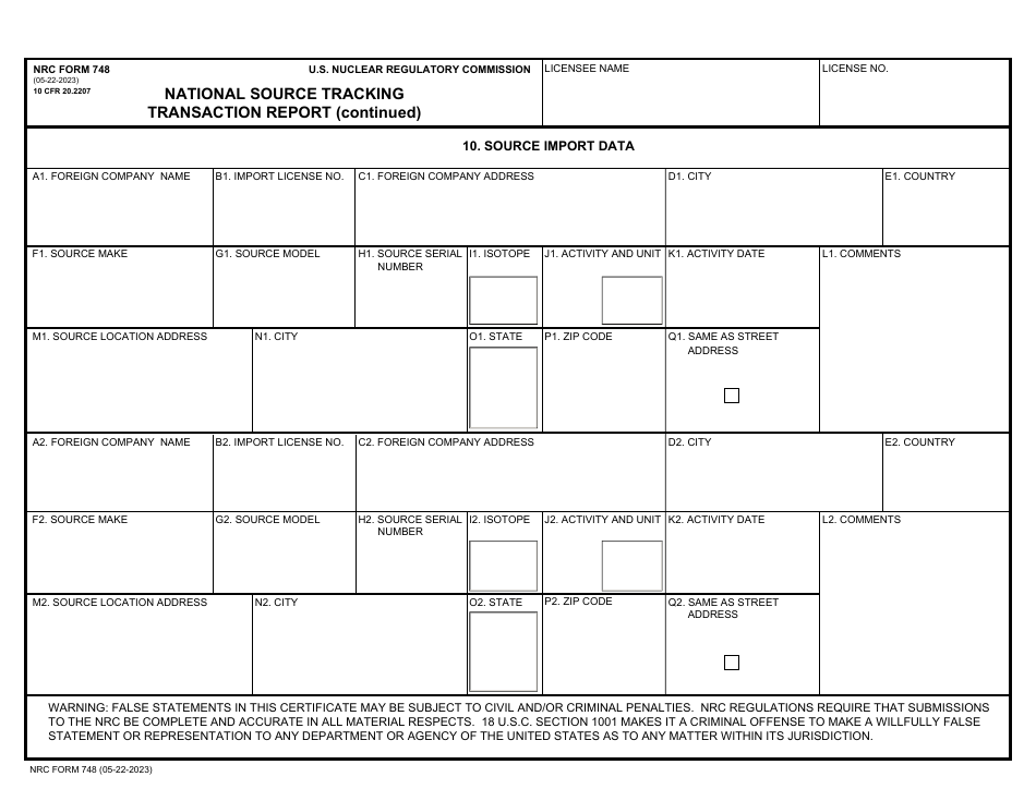 NRC Form 748 National Source Tracking Transaction Report (Long Form), Page 10