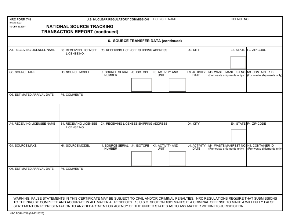 NRC Form 748 National Source Tracking Transaction Report (Long Form), Page 4