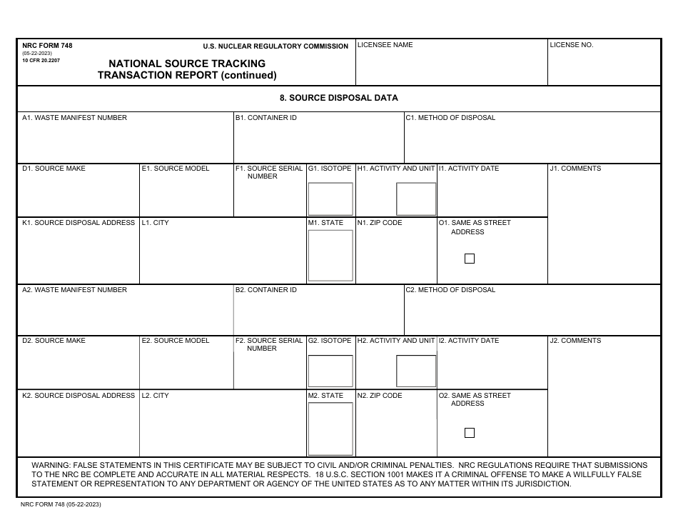 NRC Form 748 National Source Tracking Transaction Report (Long Form), Page 7