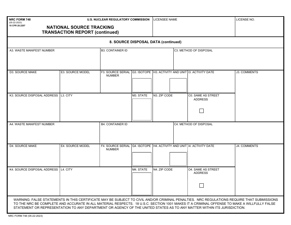 NRC Form 748 National Source Tracking Transaction Report (Long Form), Page 8