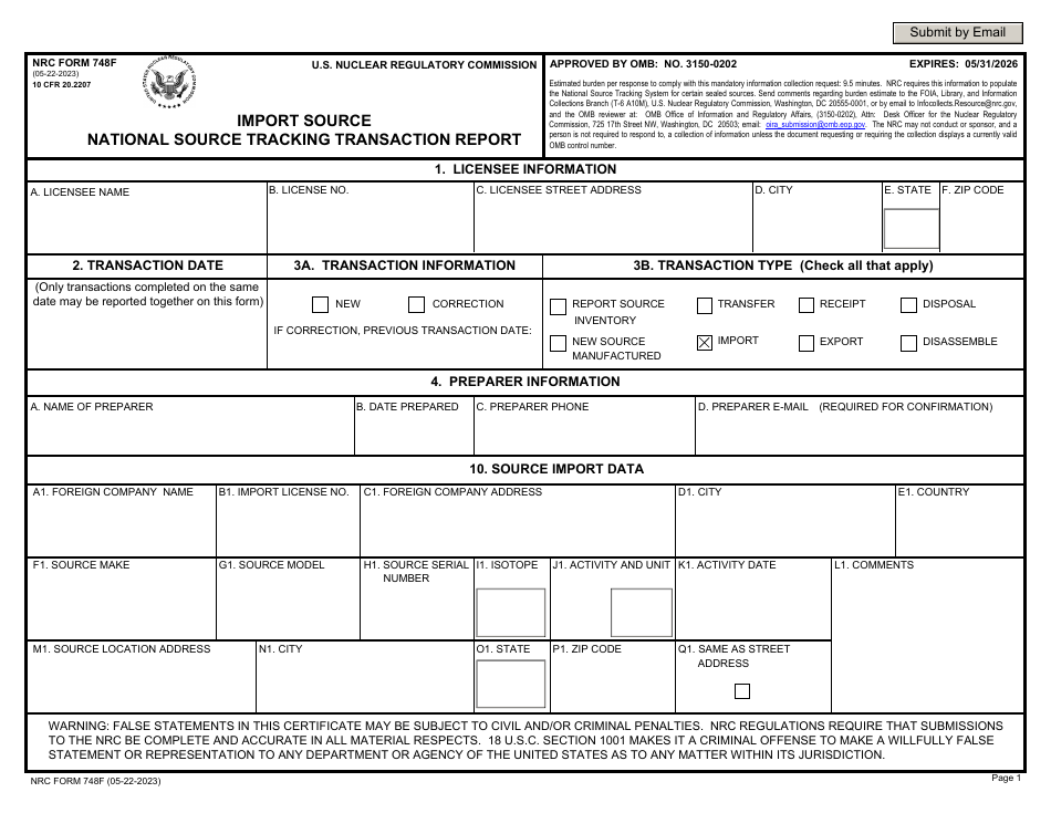 NRC Form 748F National Source Tracking Transaction Report - Import Source, Page 1
