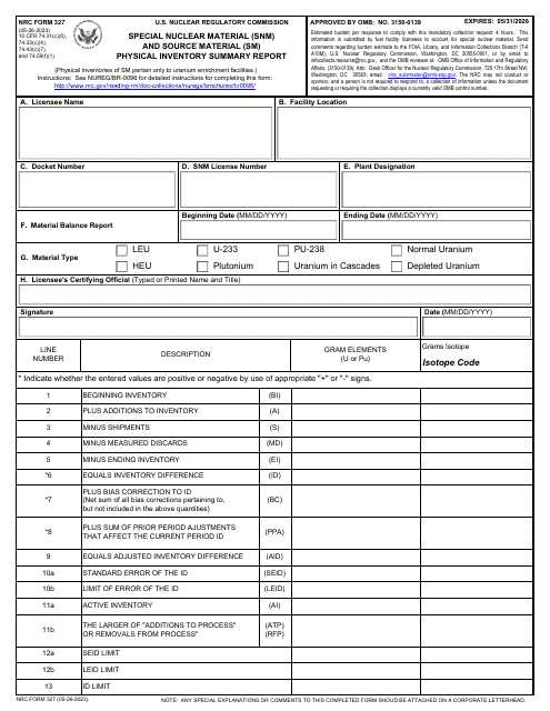 NRC Form 327  Printable Pdf