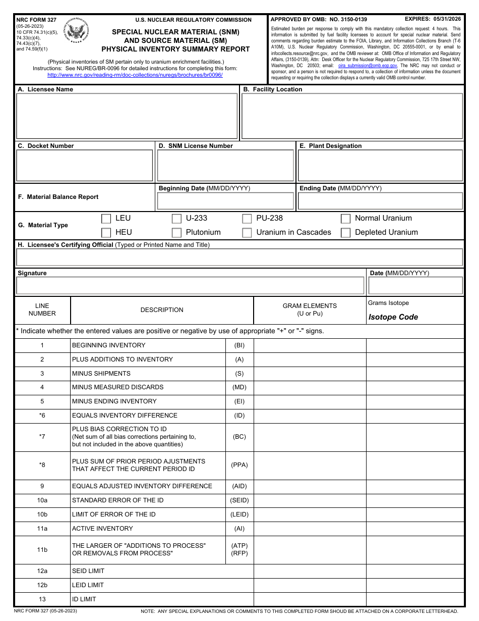 NRC Form 327 Special Nuclear Material (Snm) and Source Material (Sm) Physical Inventory Summary Report, Page 1