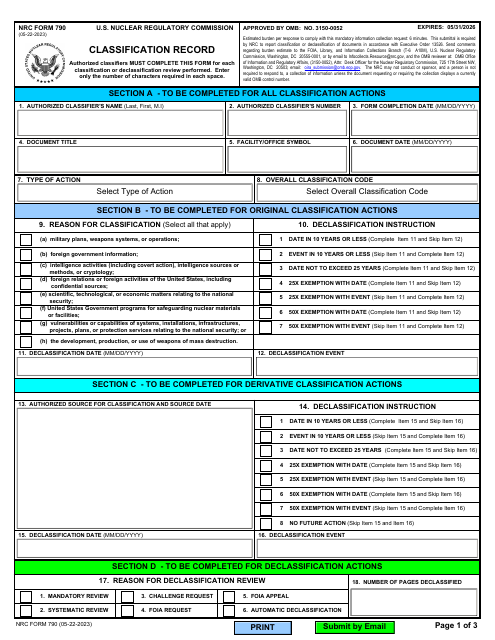 NRC Form 790 Classification Record