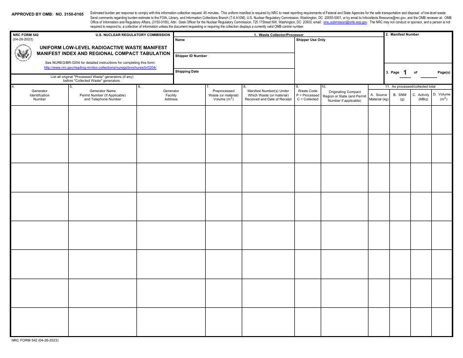 NRC Form 542 Uniform Low-Level Radioactive Waste Manifest - Manifest Index and Regional Compact Tabulation, Page 1