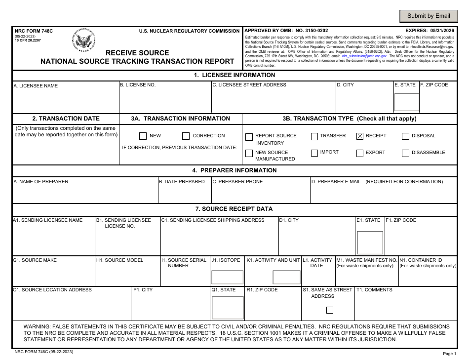 NRC Form 748C National Source Tracking Transaction Report - Receive Source, Page 1