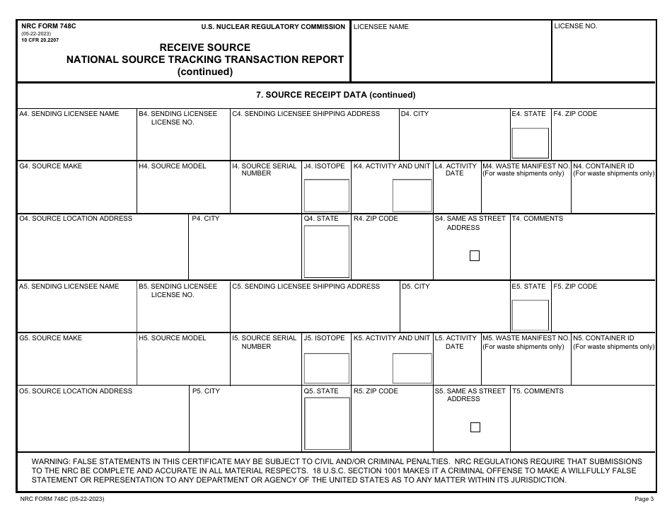 NRC Form 748C National Source Tracking Transaction Report - Receive Source, Page 3
