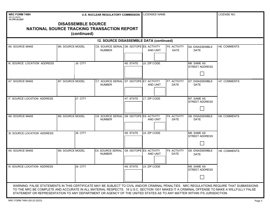 NRC Form 748H National Source Tracking Transaction Report - Disassemble Source, Page 3