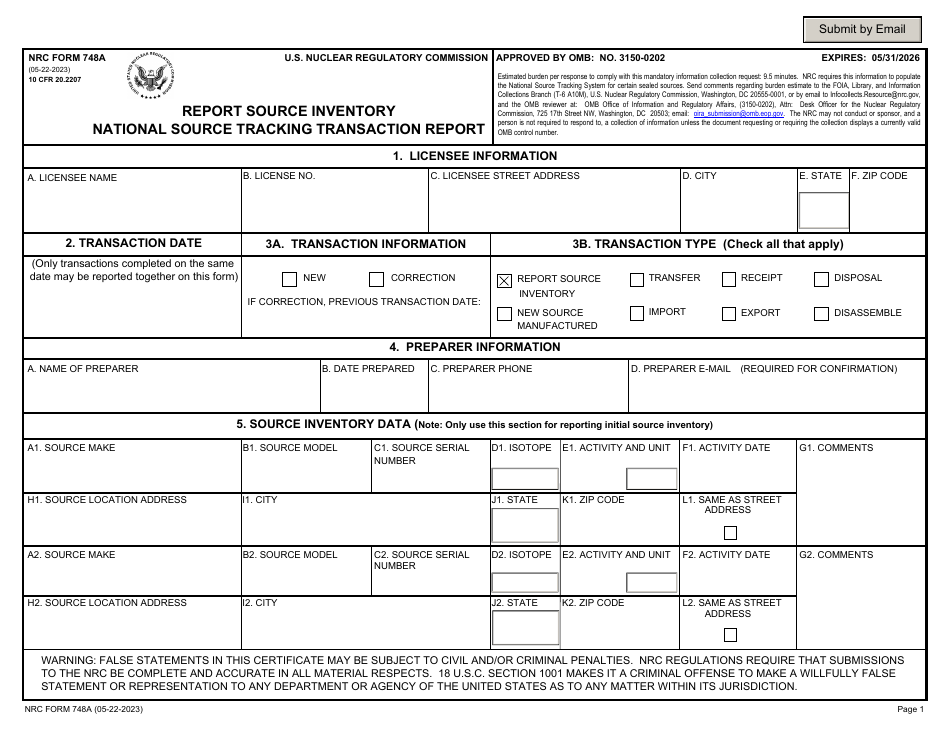 NRC Form 748A Report Source Inventory - National Source Tracking Transaction Report, Page 1