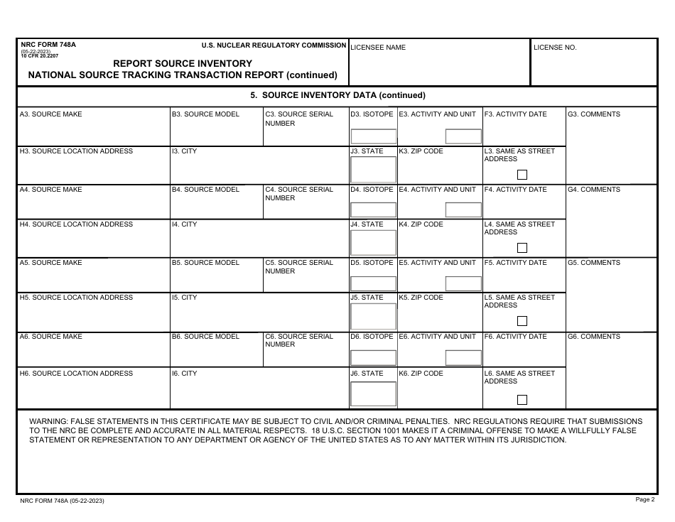 NRC Form 748A Report Source Inventory - National Source Tracking Transaction Report, Page 2