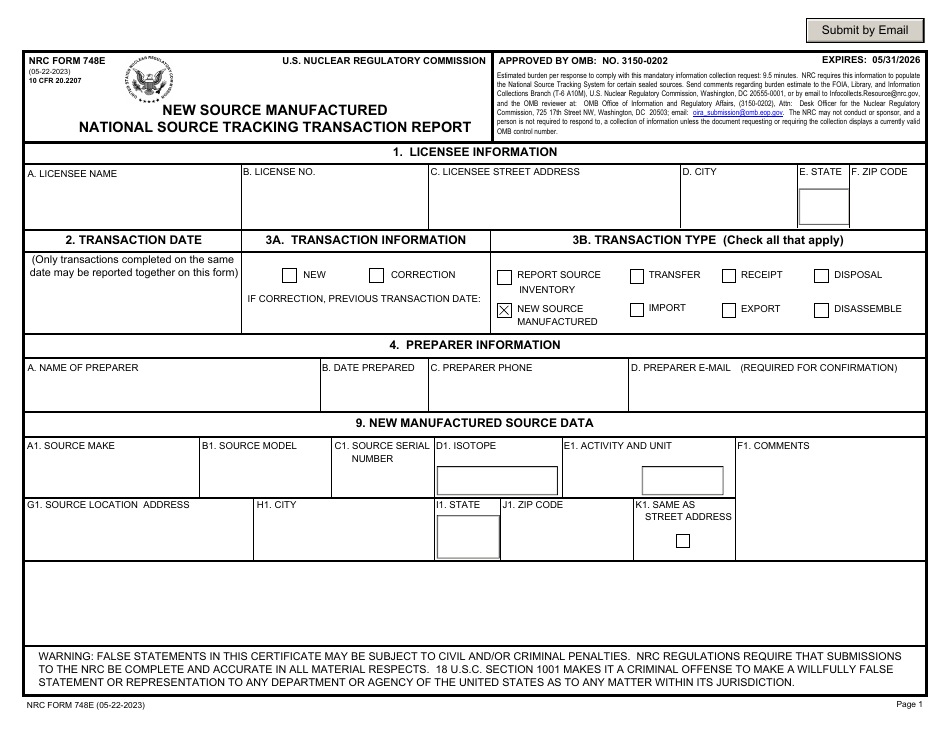 NRC Form 748E National Source Tracking Transaction Report - New Source Manufactured, Page 1
