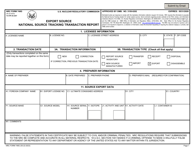 NRC Form 748G National Source Tracking Transaction Report - Export Source