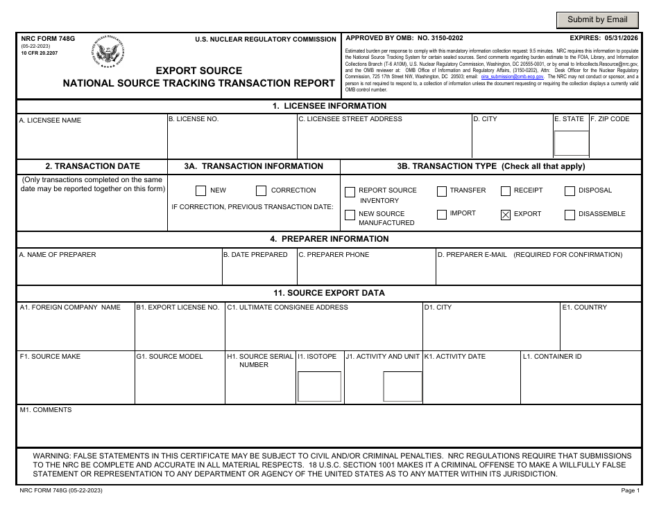 NRC Form 748G National Source Tracking Transaction Report - Export Source, Page 1