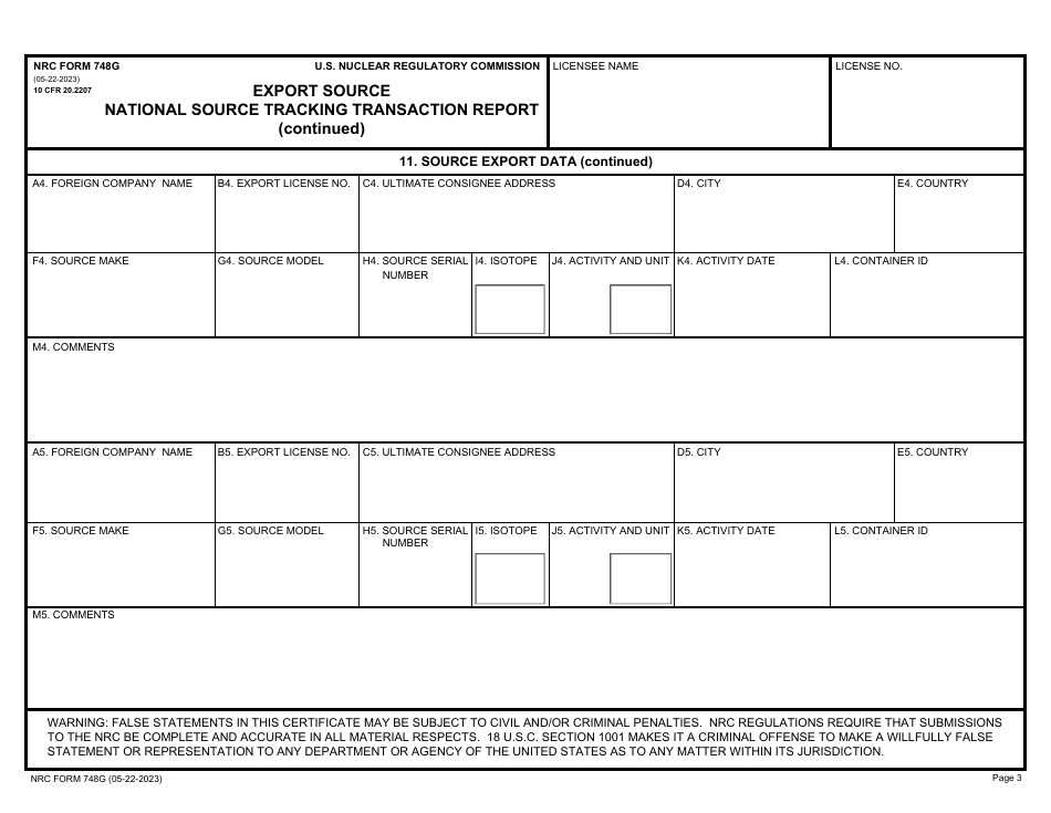 NRC Form 748G National Source Tracking Transaction Report - Export Source, Page 3