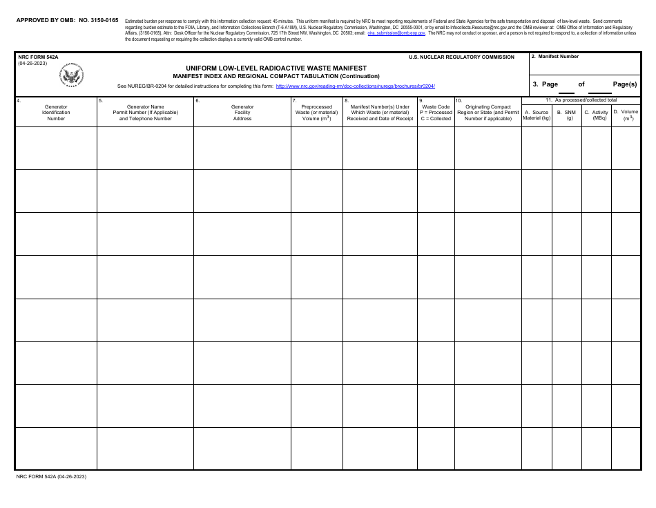 NRC Form 542A Uniform Low-Level Radioactive Waste Manifest - Manifest Index and Regional Compact Tabulation (Continuation), Page 1