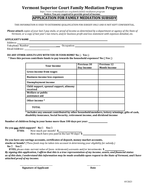 Application for Family Mediation Subsidy - Vermont Download Pdf