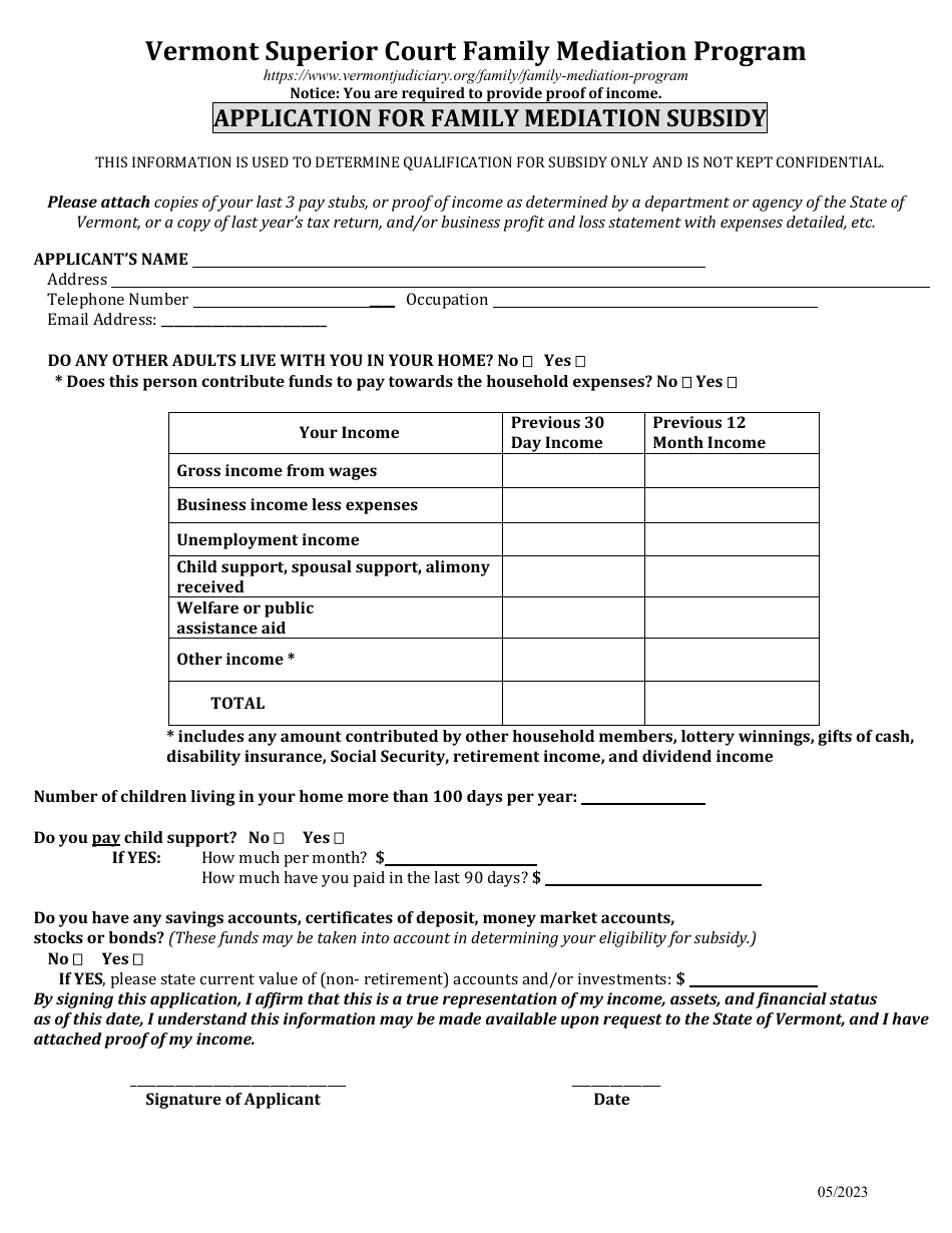 Application for Family Mediation Subsidy - Vermont, Page 1