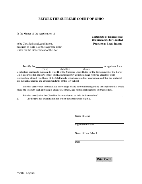 Form LI:3.0 Certificate of Educational Requirements for Limited Practice as Legal Intern - Ohio