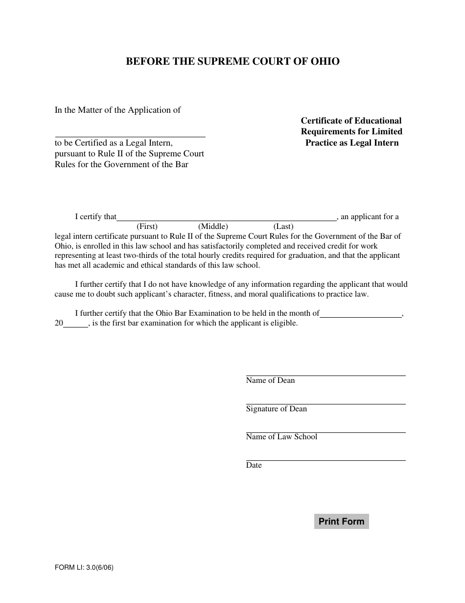 Form LI:3.0 Certificate of Educational Requirements for Limited Practice as Legal Intern - Ohio, Page 1