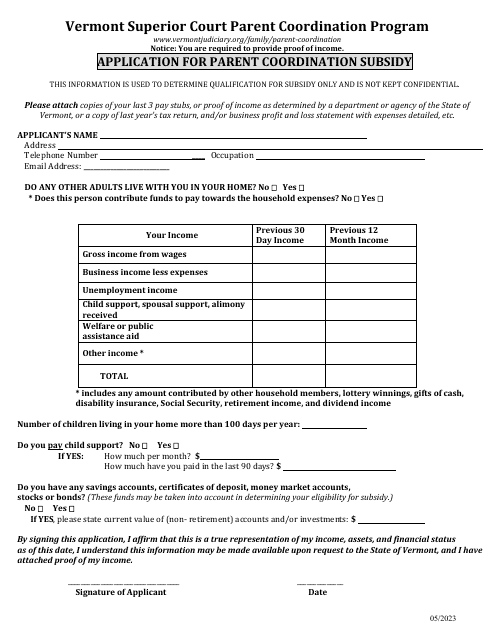Application for Parent Coordination Subsidy - Vermont Download Pdf